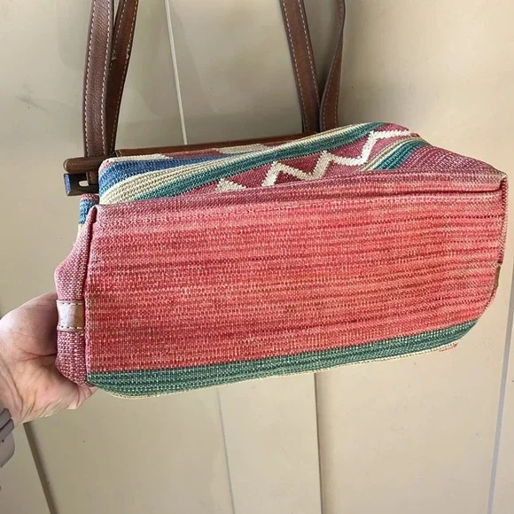 Vintage Boho Southwestern Textile Purse with Leather Trim Convertible Strap